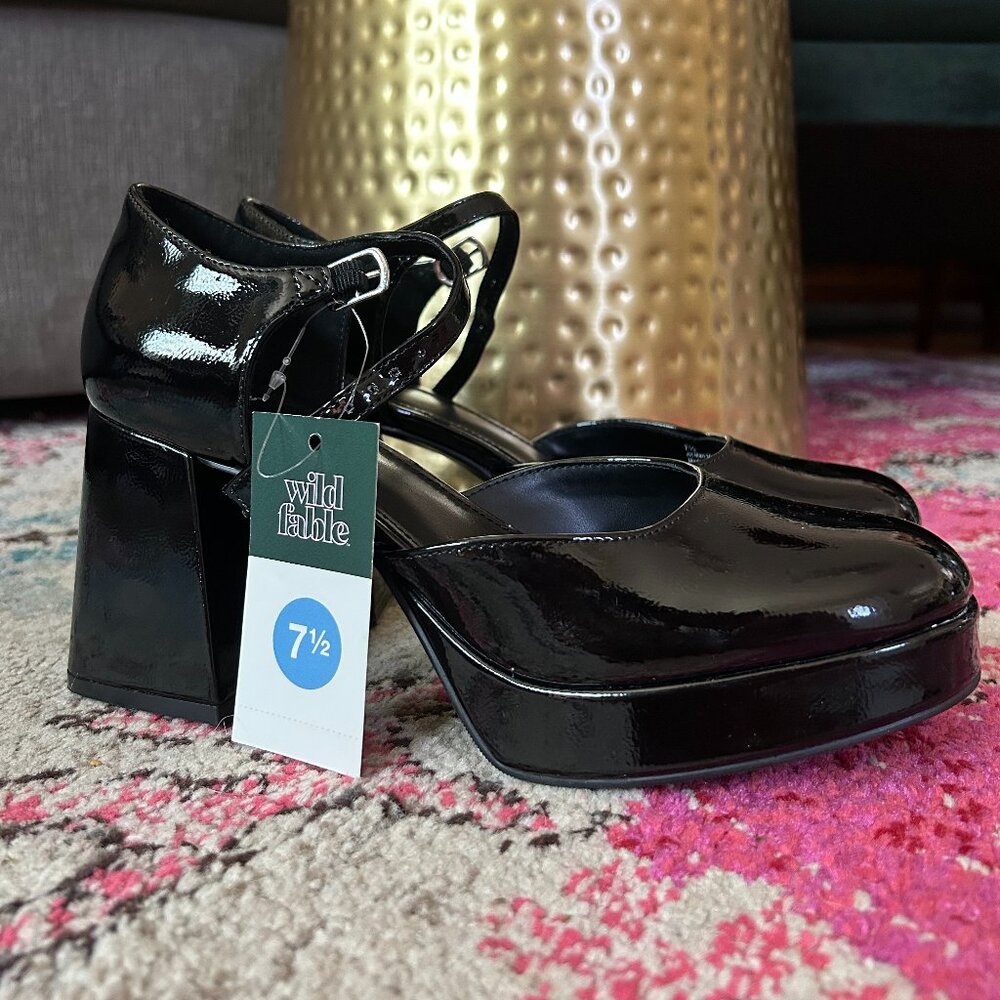 Wild Fable DARCY Mary Jane Platform Shoes Black 7.5 Patent Leather Chunky